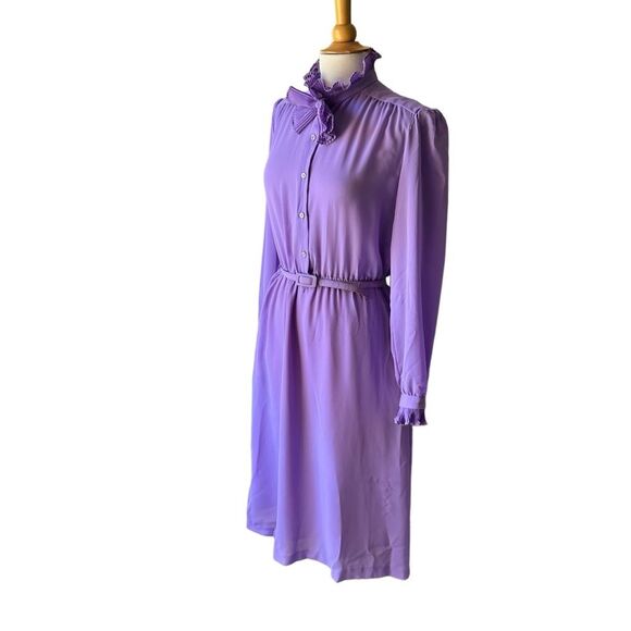 Vintage Lavender Purple Ruffle High Neck 1980s Victorian inspired Midi Dress - L - Picture 6 of 11